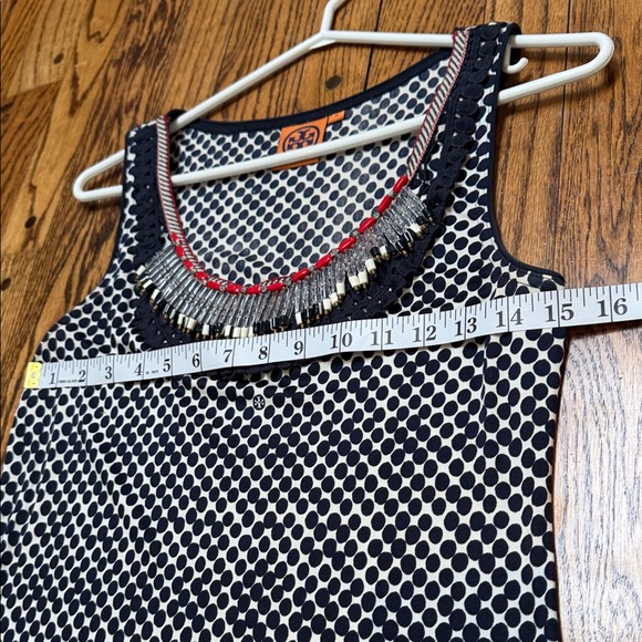 Tory Burch sz M 100% SILK Navy Dotted beaded collar w blue eyelet trim logo - Picture 7 of 12